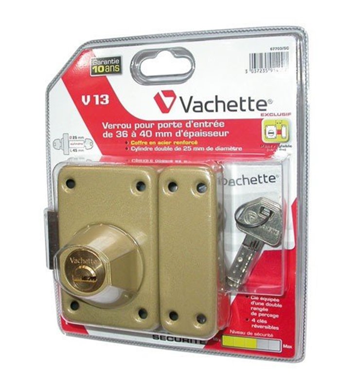 Verrou de sécurité Vachette V13 pour porte de 36 à 40 mm 4 Clés Coffre verni