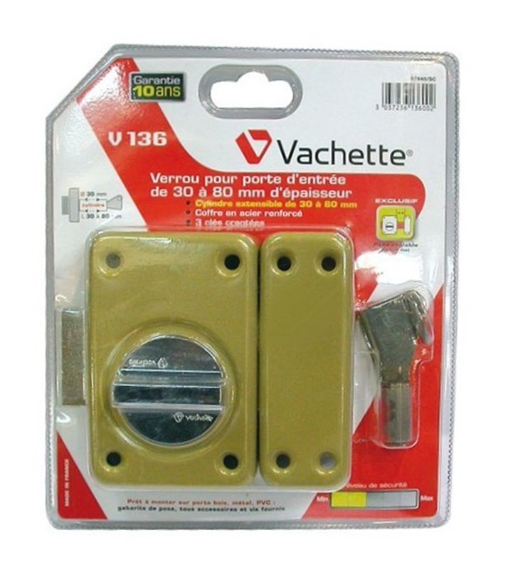 Verrou de sécurité à bouton pour porte 30 à 80 mm Vachette V136 3 Clés