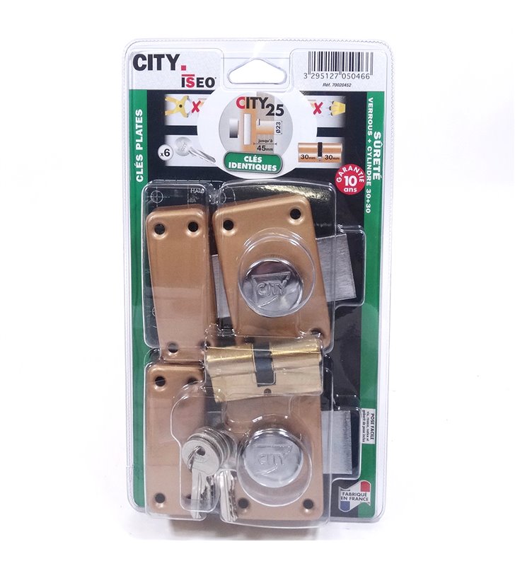 Paire de verrou pour porte 45 mm + Cylindre 30 x 30 mm Double verrous CITY 25 6 clés
