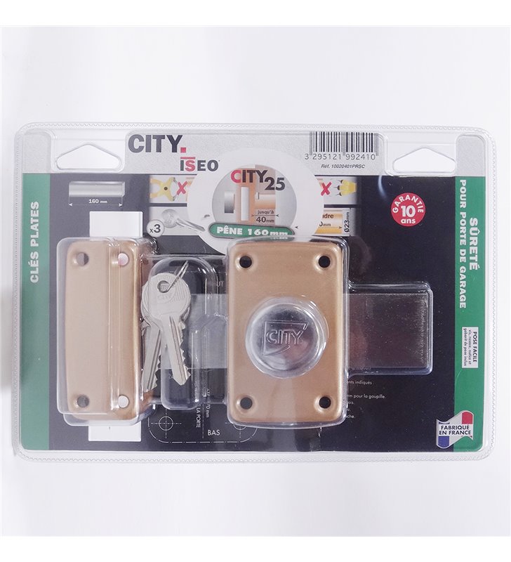 Verrou à bouton pour porte de garage Cyl 40 mm pêne 160 mm Cylindre sécurité CITY 25