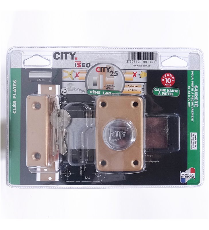 Verrou à bouton pour porte à recouvrement Cyl 45 mm pêne 140 mm Cylindre sécurité CITY 25