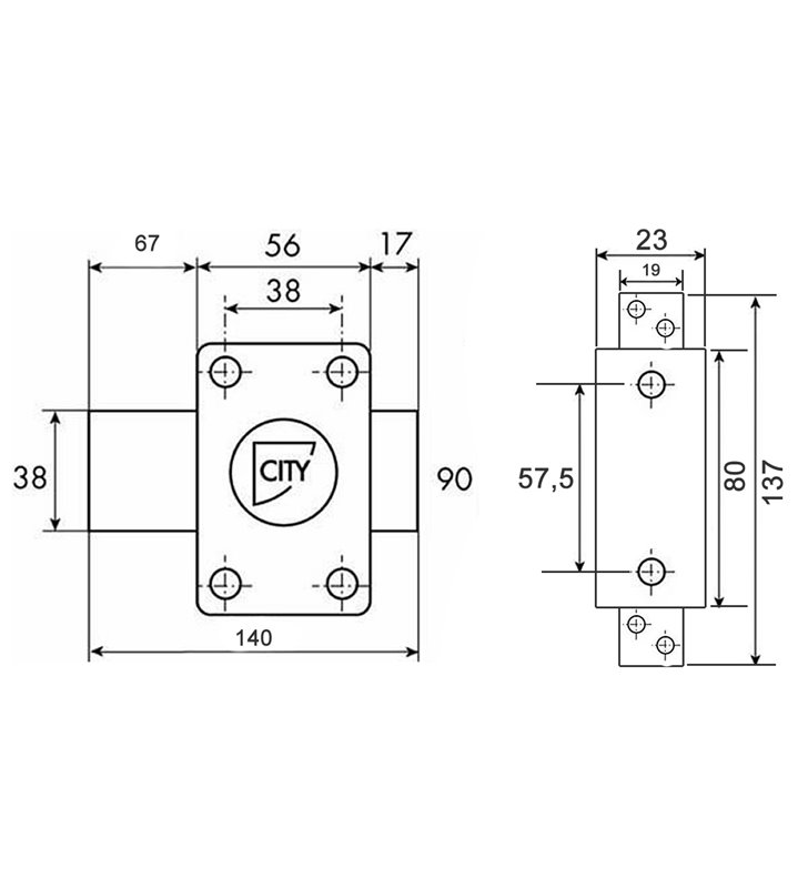 Verrou à bouton pour porte à recouvrement Cyl 45 mm pêne 140 mm Cylindre sécurité CITY 25