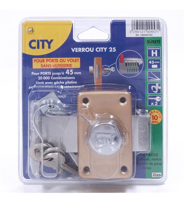 Verrou CITY 25 a bouton pour porte ou volet sans huisserie Cyl 45 mm