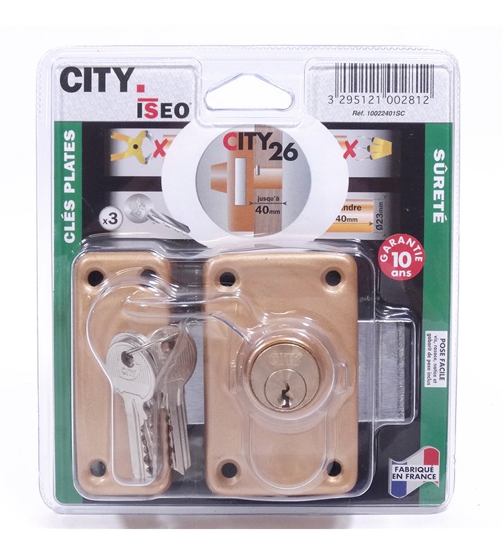Verrou de sureté à clés CITY 26 pour porte 40 mm 2 entrées Cylindre sécurité Diam 23