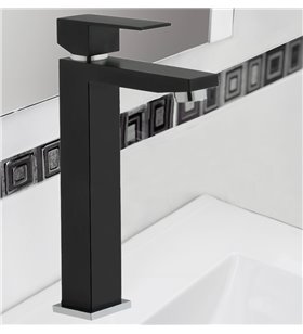 Robinet Mitigeur de lavabo et vasque cubique noir Bonde carrée metal design carré
