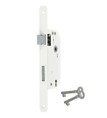 Serrure à larder à clé axe 40 mm blanche A encastrer réversible bouts ronds