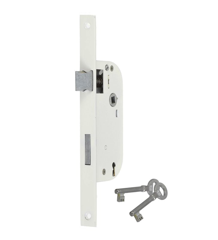 Serrure à larder à clé de sureté axe 40 mm blanc A encastrer réversible bouts carrés