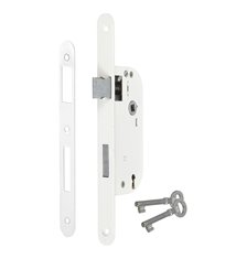 Serrure à larder à clé axe 40 mm blanc A encastrer réversible bouts ronds