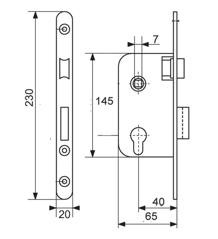 Serrure à larder à cylindre noir axe 40 mm A encastrer réversible bouts ronds NF