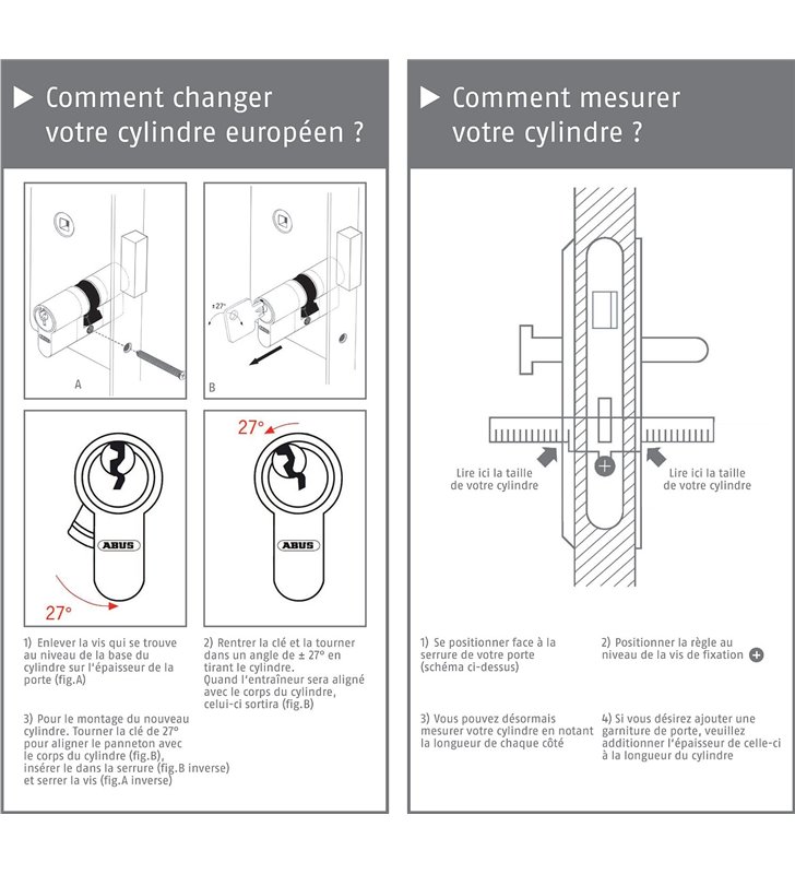 Cylindre de serrure de porte double entrée ABUS 30 x 40 mm avec 3 clés S paracentriques