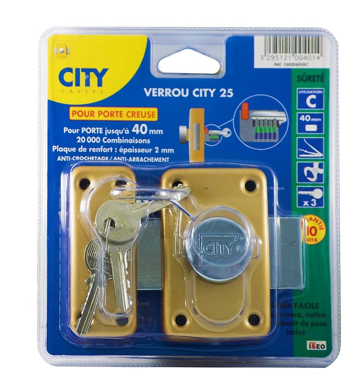 Verrou de sureté à bouton CITY 25 Porte creuse 40 mm Cylindre sécurité Diam 23