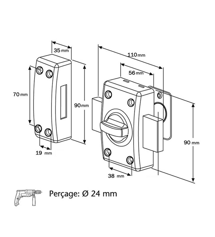 Verrou de securite à bouton pour porte de 45 a 50 mm