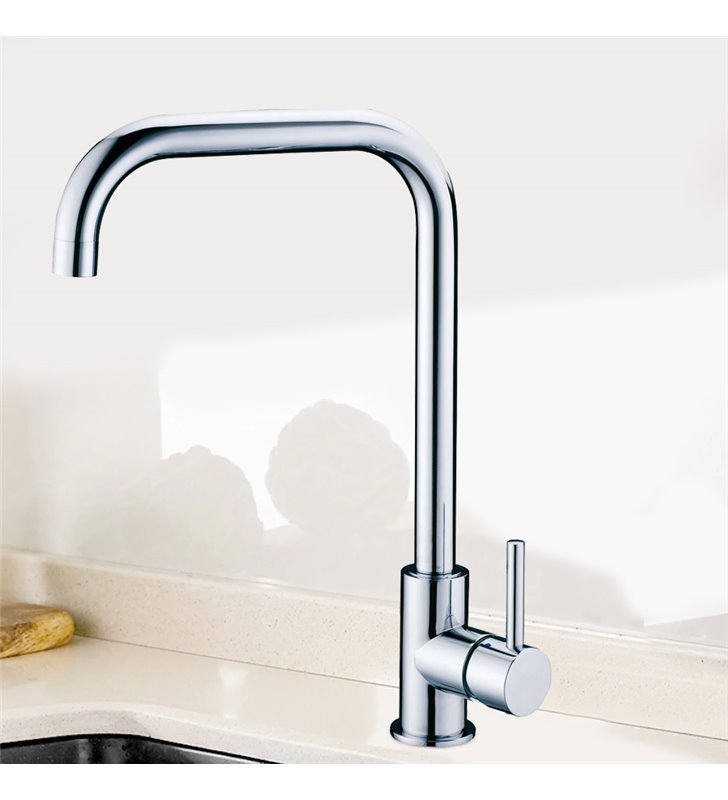 Robinet mitigeur laiton chrome pour evier de cuisine bec haut cartouche ceramique