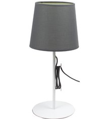 Lampe a poser cordon textile socle pied en métal blanc abat jour tissu gris