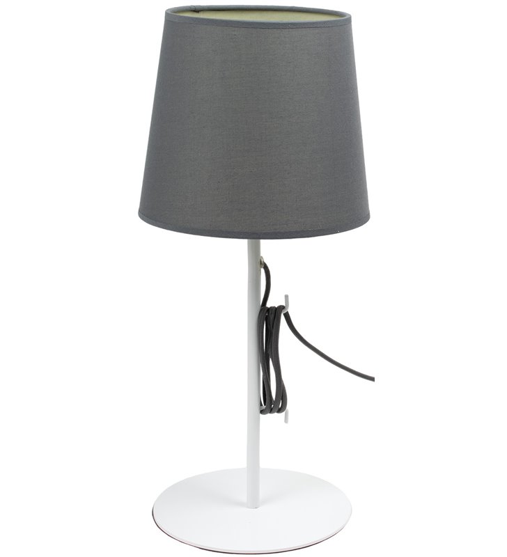 Lampe a poser cordon textile socle pied en métal blanc abat jour tissu gris