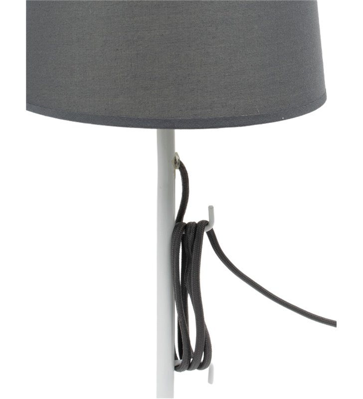 Lampe a poser cordon textile socle pied en métal blanc abat jour tissu gris