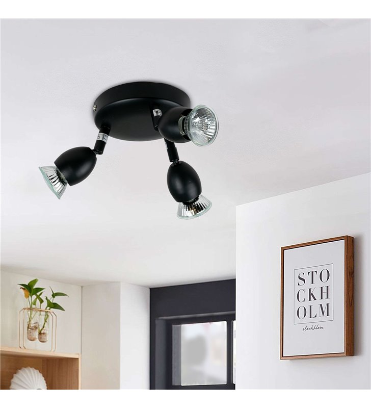 Plafonnier rond noir 3 spots orientables Applique plafond halogene GU10 42 W