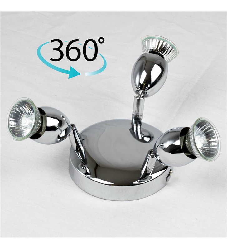 Plafonnier rond metal chrome 3 spots orientables Applique plafond halogene GU10 42 W