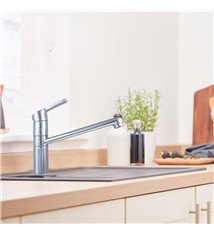 Robinet mitigeur d\'évier de cuisine bas à bec rotatif chromé économiseur d\'eau cartouche céramique