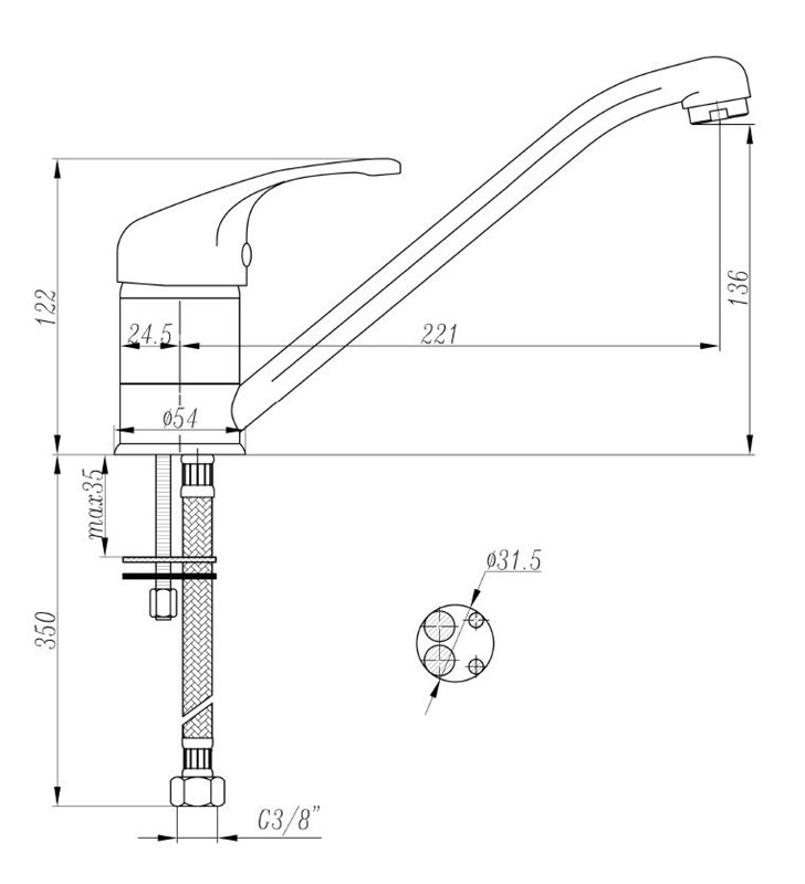 Robinet mitigeur d'évier de cuisine bas à bec mobile finition inox