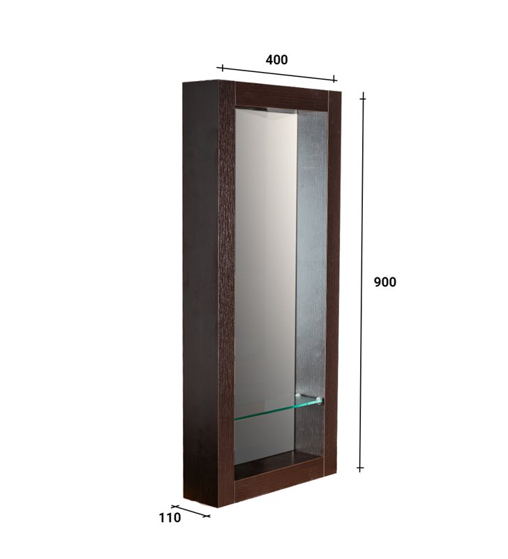 Miroir de salle de bain 90x40 cm en bois couleur wengé avec étagère fixation murale CEDAM