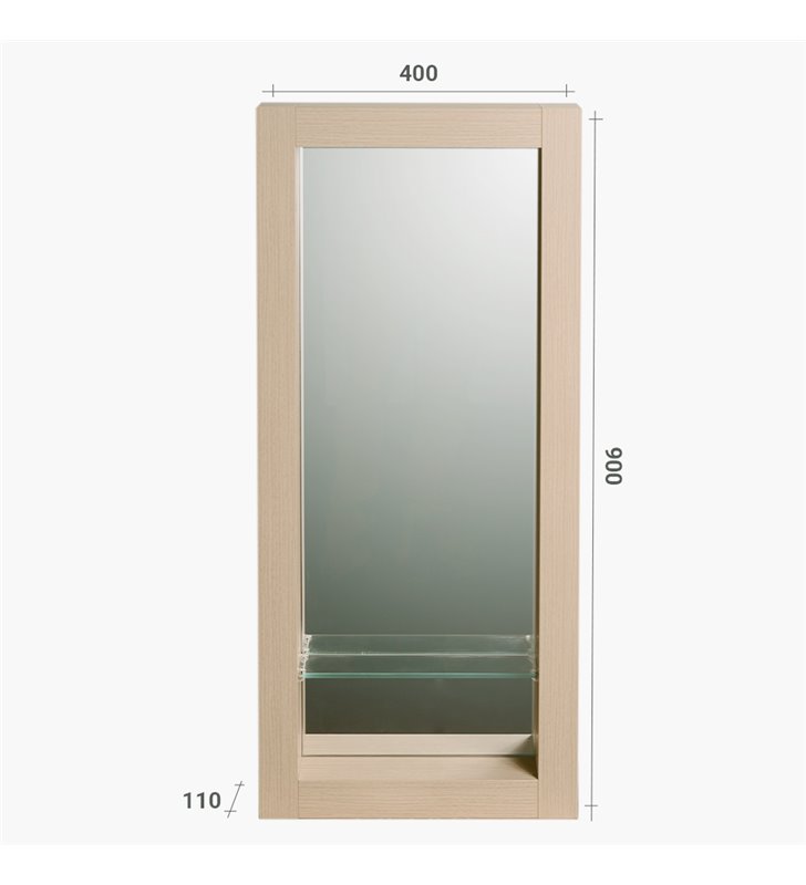 Miroir de salle de bain 90x40 cm en bois couleur chêne avec étagère fixation murale CEDAM