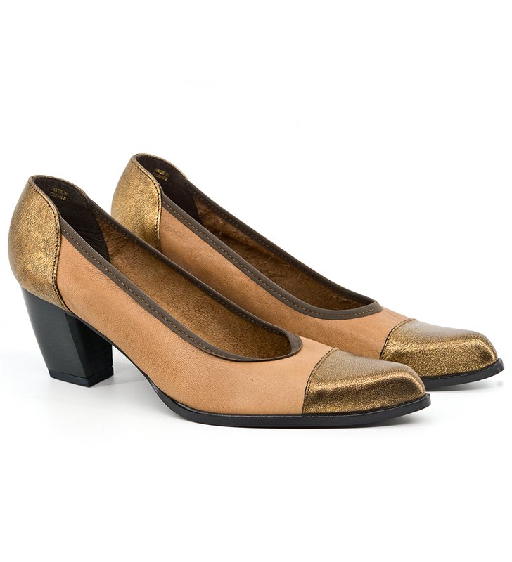 Escarpins femme en cuir doré Chaussures a talon large 