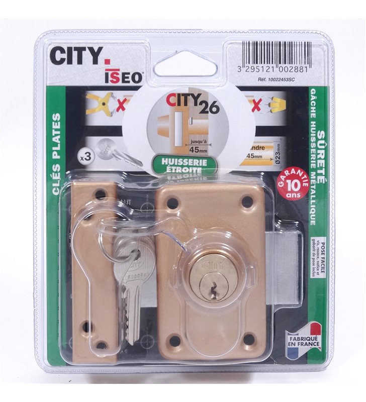 Verrou CITY 26 double entrées pour porte spéciale huisserie étroite Cyl axe 45 mm Diam 23 mm