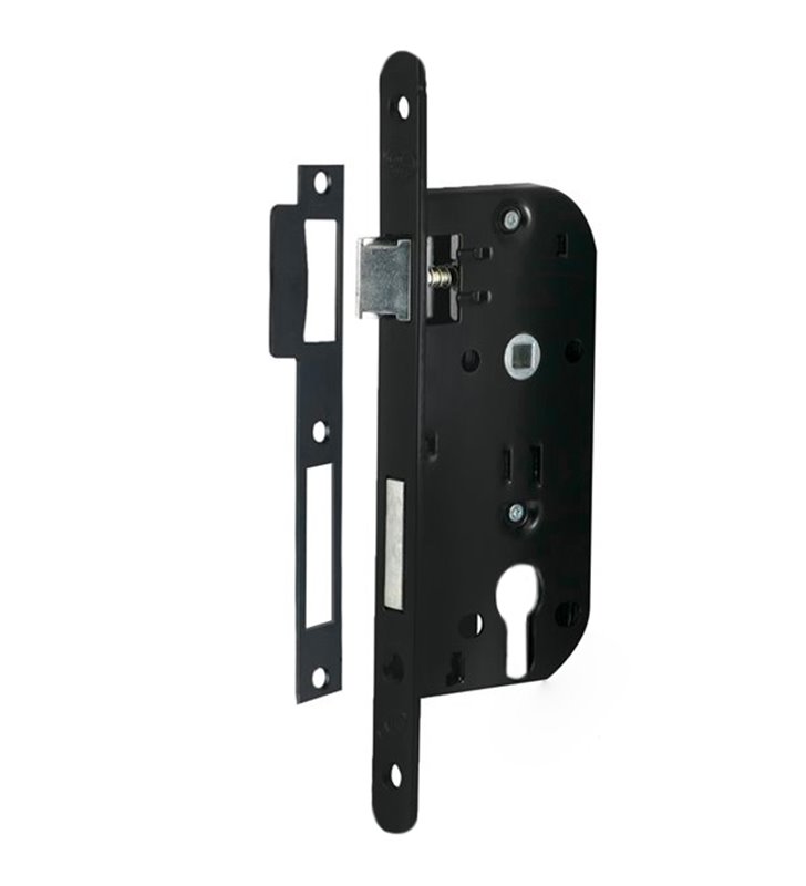 Serrure à larder cylindre europeen axe 50 mm noir à encastrer reversible bouts ronds