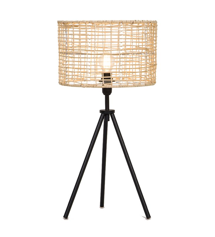 Lampe moderne Bora métal noir et rotin naturel compatible LED