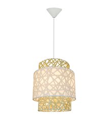 Eclairage plafond design Quito 160cm réglable rotin et tissu blanc compatible LED