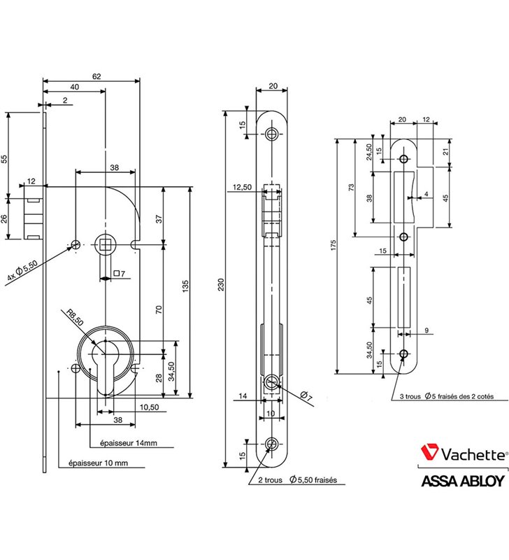 Serrure encastrable réversible Vachette M4500 axe 40 mm a encastrer porte cylindre