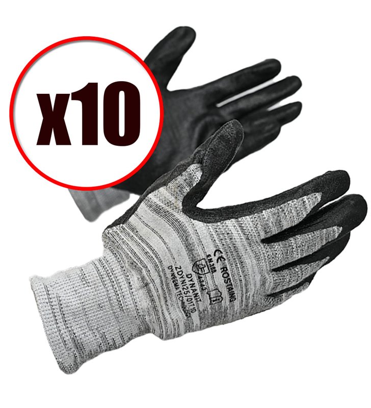 Lot de 10 gants de travail en PE Nitrile anti coupure Dynanit EN388