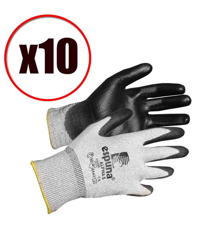 Lot de 10 gants de travail en PU anti coupure Alpha 5 EN388 EN420