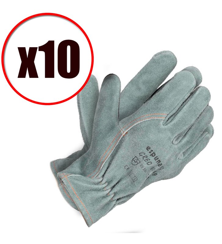 Lot de 10 gants de travail cuir bovin hydrofuge Greo EN388