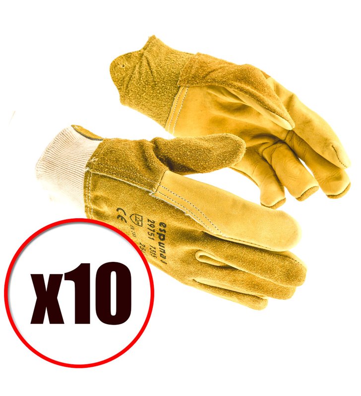 Lot de 10 gants de travail manutention cuir fleur de bovin EN388