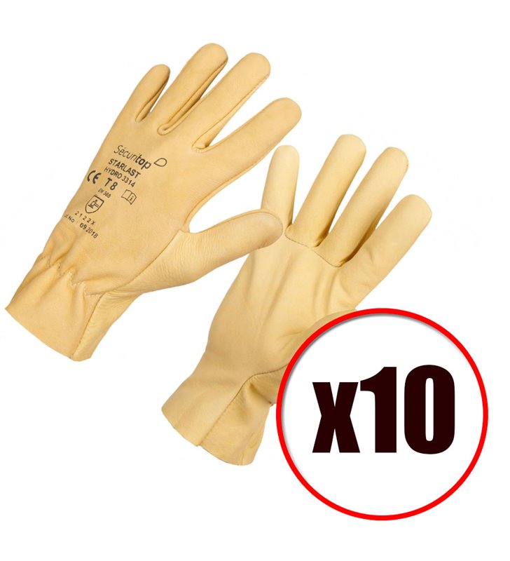 Lot de 10 gants de travail hydrofuge cuir bovin Starlast EN388 EN420