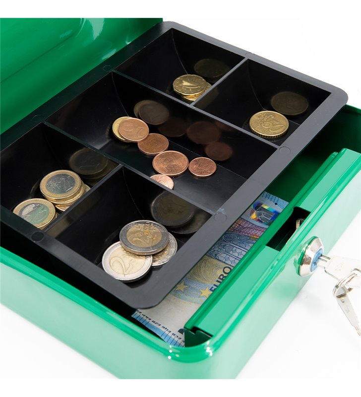 Caisse à monnaie verte en acier avec poignée monnayeur à serrure