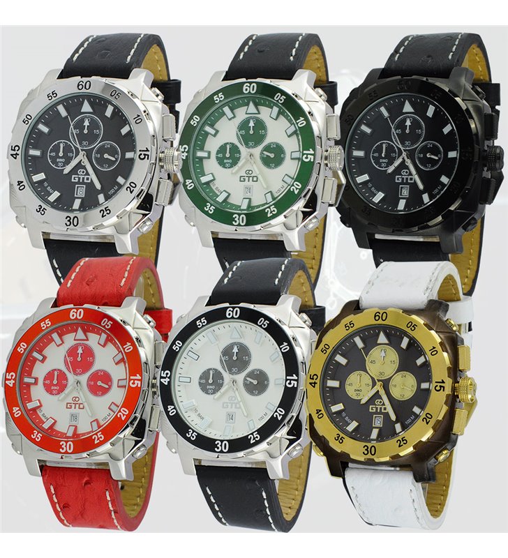 Montre sport homme analogique à quartz bracelet cuir étanche chronographe GTO Dino casual
