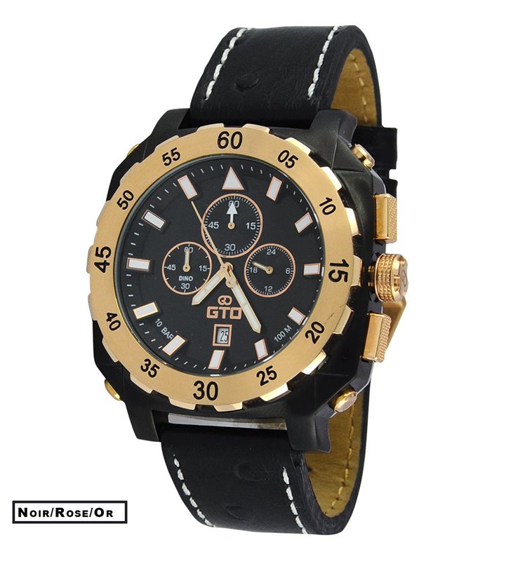 Montre sport homme analogique à quartz bracelet cuir étanche chronographe GTO Dino Gold