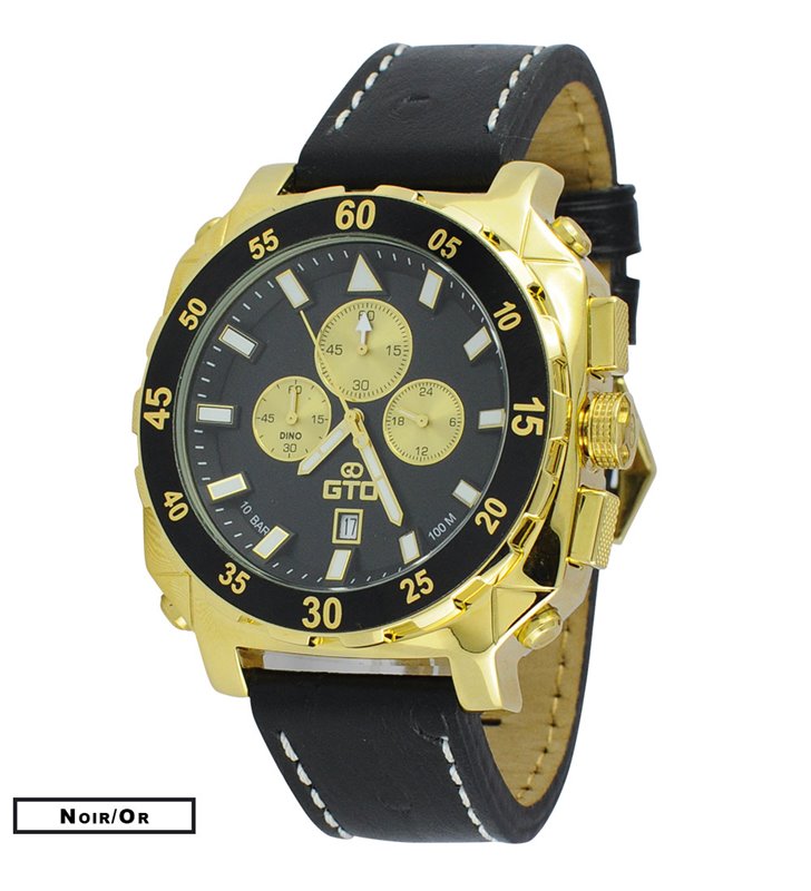 Montre sport homme analogique à quartz bracelet cuir étanche chronographe GTO Dino Gold