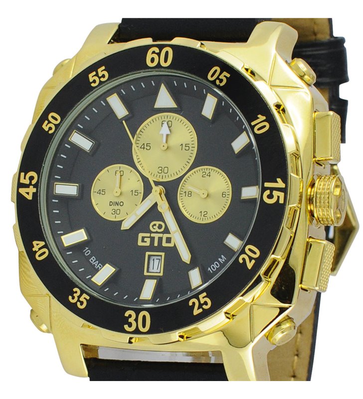 Montre sport homme analogique à quartz bracelet cuir étanche chronographe GTO Dino Gold