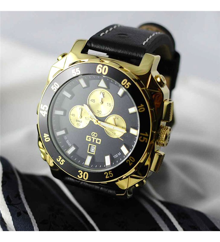 Montre sport homme analogique à quartz bracelet cuir étanche chronographe GTO Dino Gold