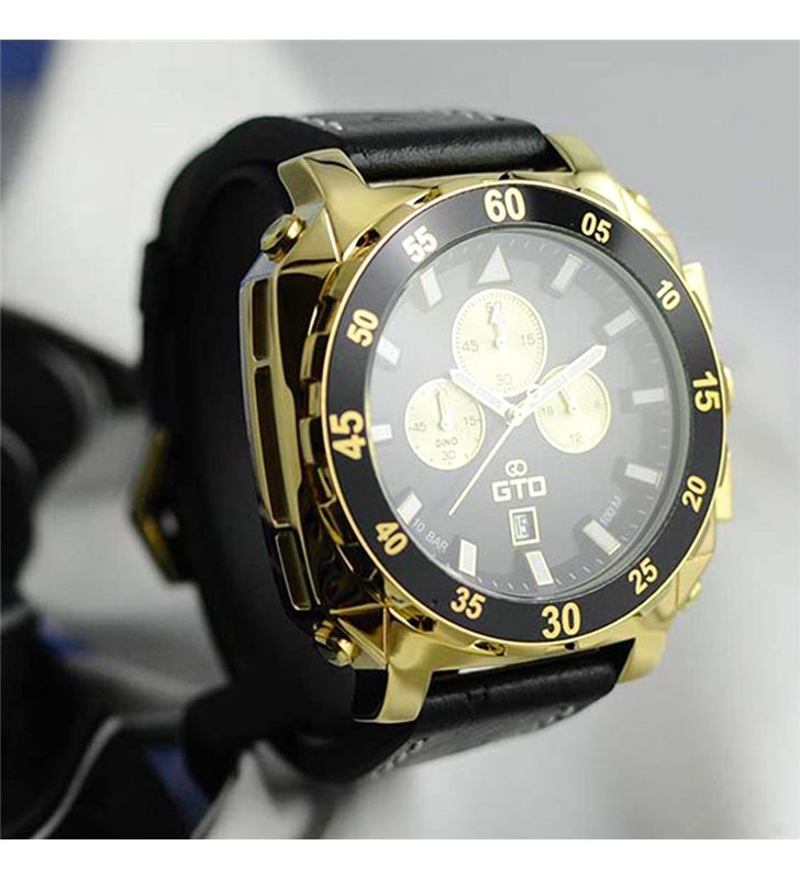 Montre sport homme analogique à quartz bracelet cuir étanche chronographe GTO Dino Gold