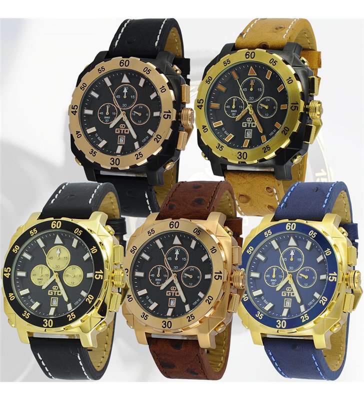 Montre sport homme analogique à quartz bracelet cuir étanche chronographe GTO Dino Gold