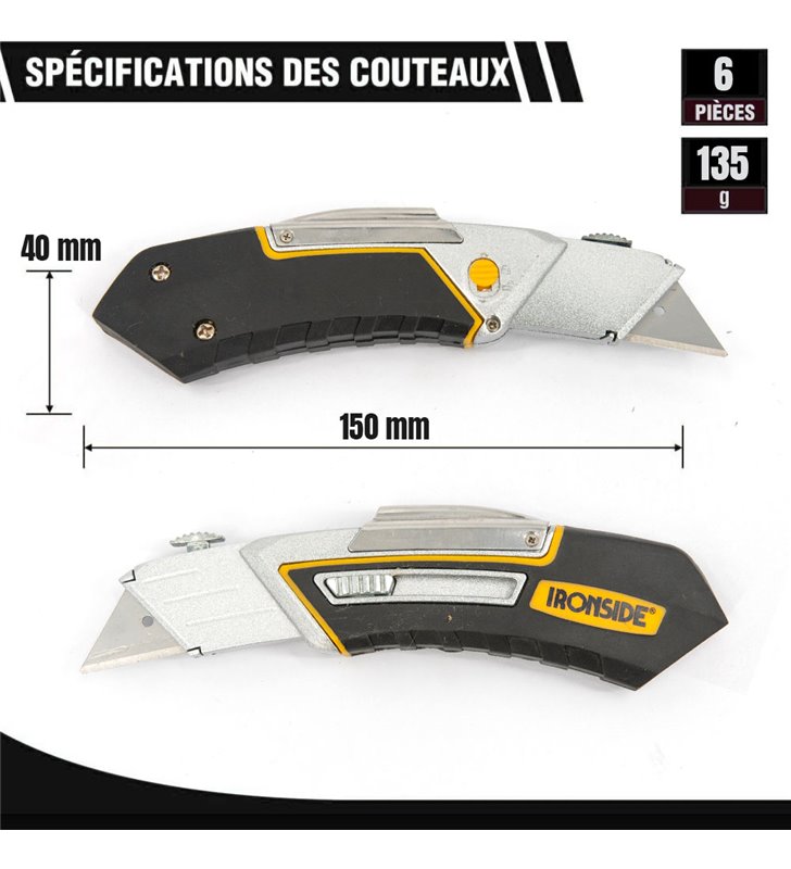 Lot de cutters rétractables Ironside avec poignée ergonomique et rangement à la ceinture