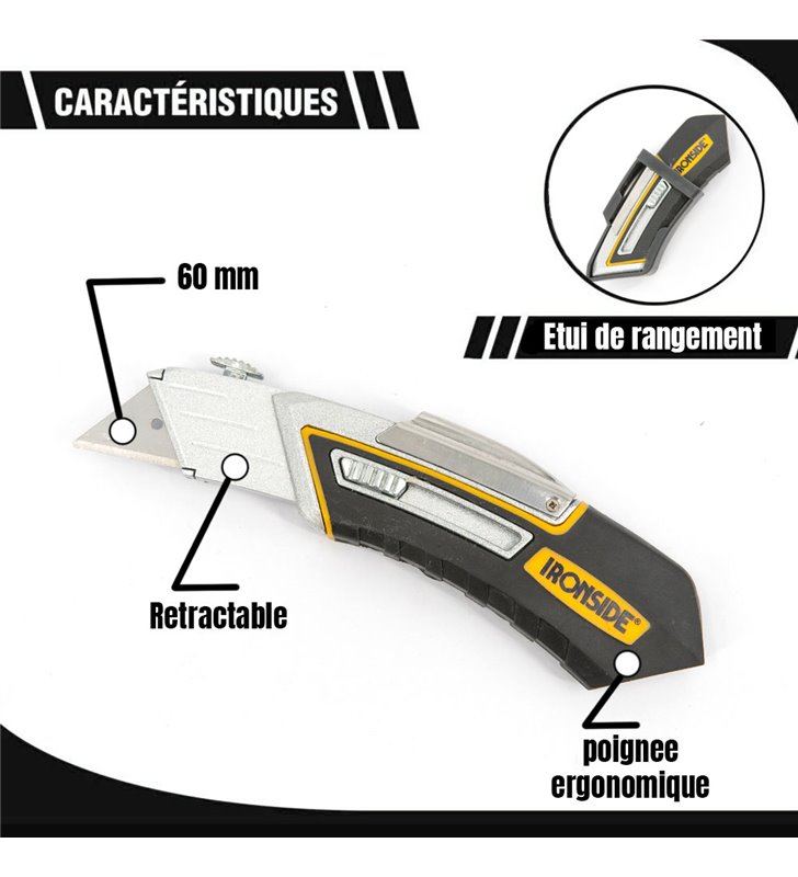 Lot de cutters rétractables Ironside avec poignée ergonomique et rangement à la ceinture