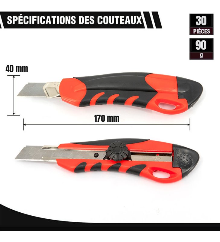 Lot de cutters professionnels Couteau utilitaire rétractable avec système de sécurité 100 lames 18mm