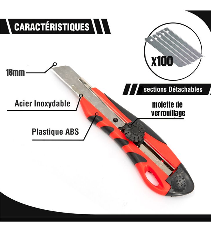 Lot de cutters professionnels Couteau utilitaire rétractable avec système de sécurité 100 lames 18mm