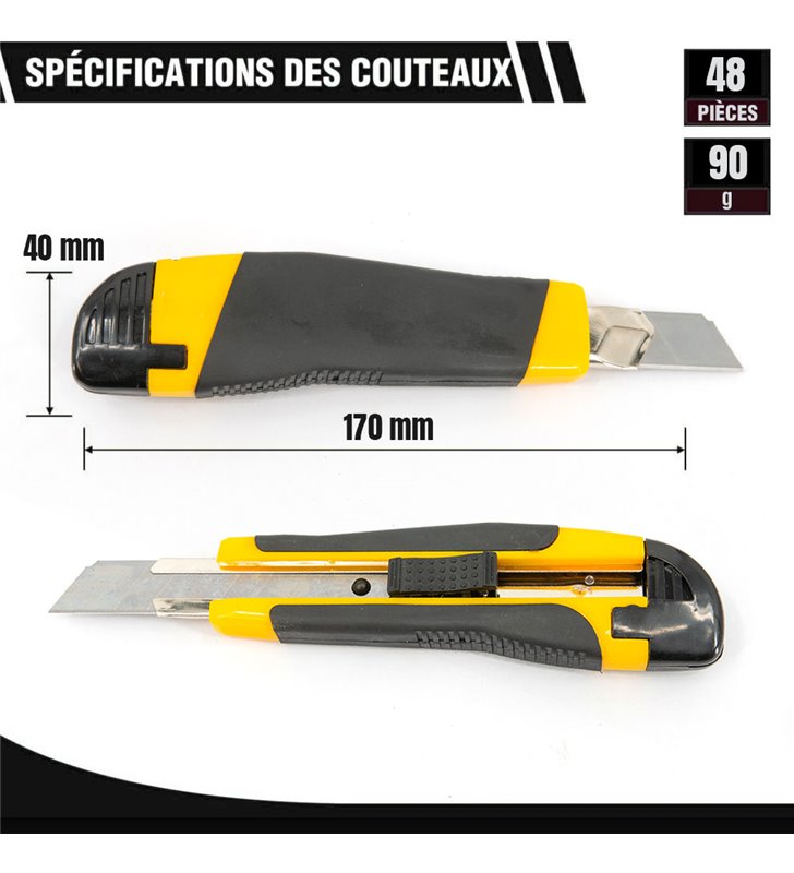 Lot de cutters professionnels jaunes Couteau utilitaire rétractable avec 100 lames 18mm